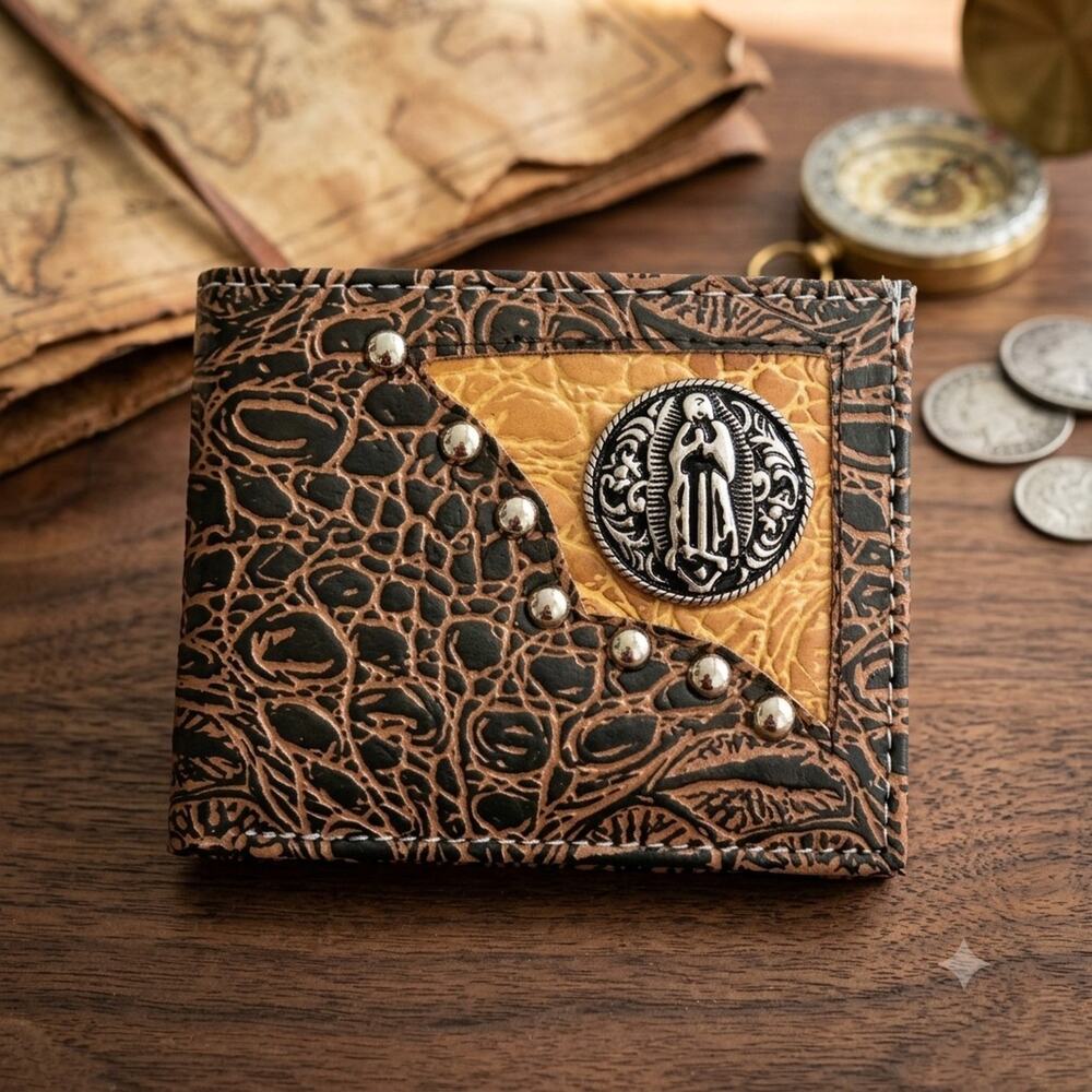 Virgen De Guadalupe Wallet Western Bifold Croc pattern brown faux leather
